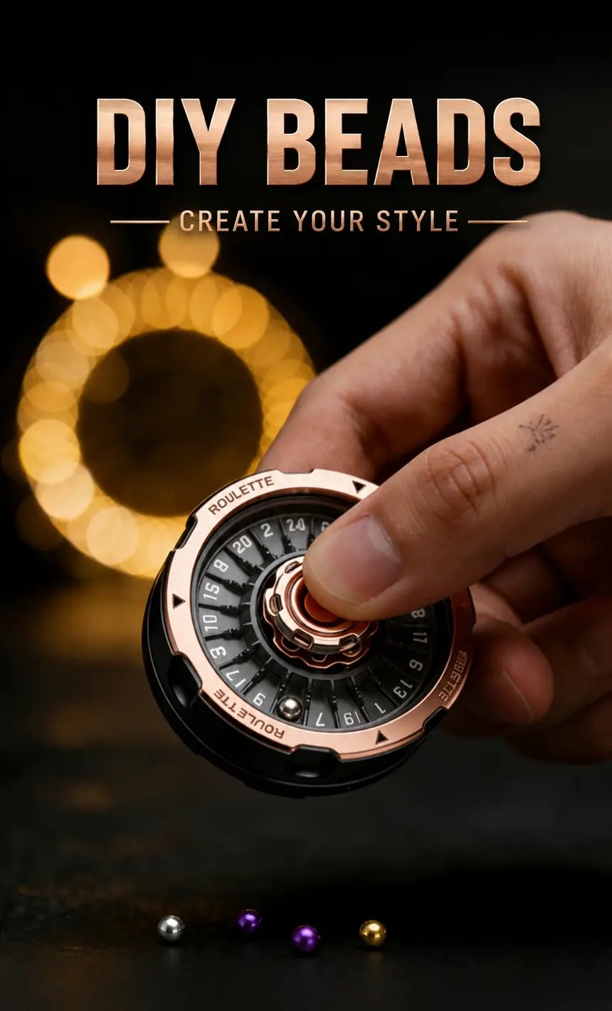 Hand holding the spinner with swappable steel, violet and gold beads below
