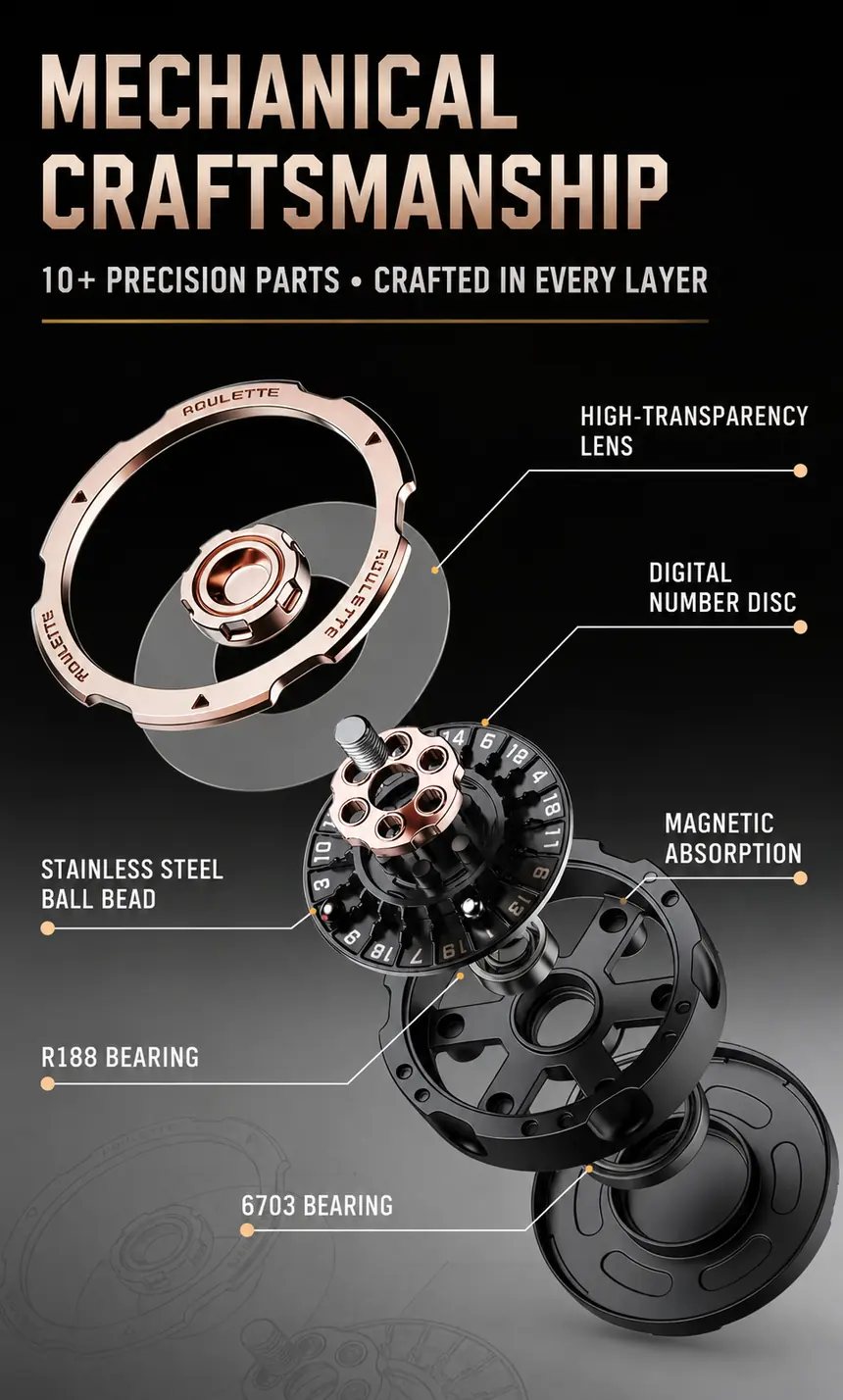 Exploded view showing lens, number disc, ball, bearings and magnetic base