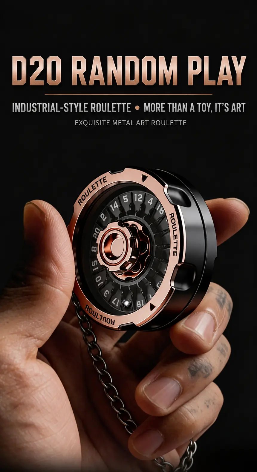 The spinner open in a hand with the pocket chain attached